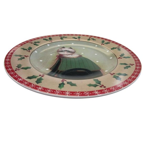 Sakura Fiddlestix Holiday Cat In Green Cape Stoneware Holly Rim Salad Plate EUC - Picture 5 of 7